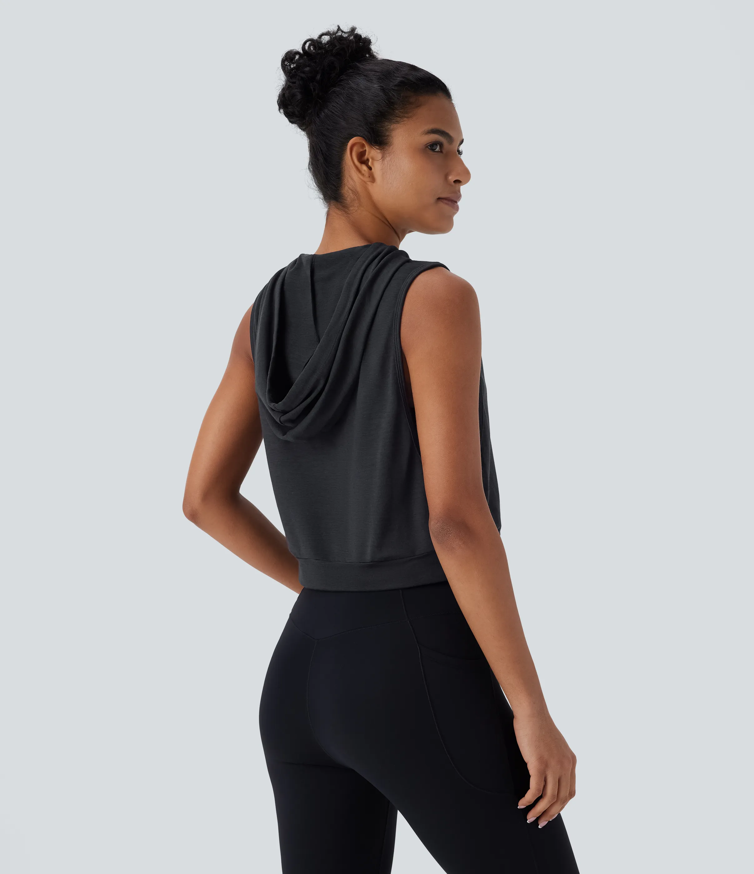 Halara Camiseta sin mangas corta correr capucha cordón ajustable - Mottled Hemp Black - M sold by Halara product image thumbnail 3