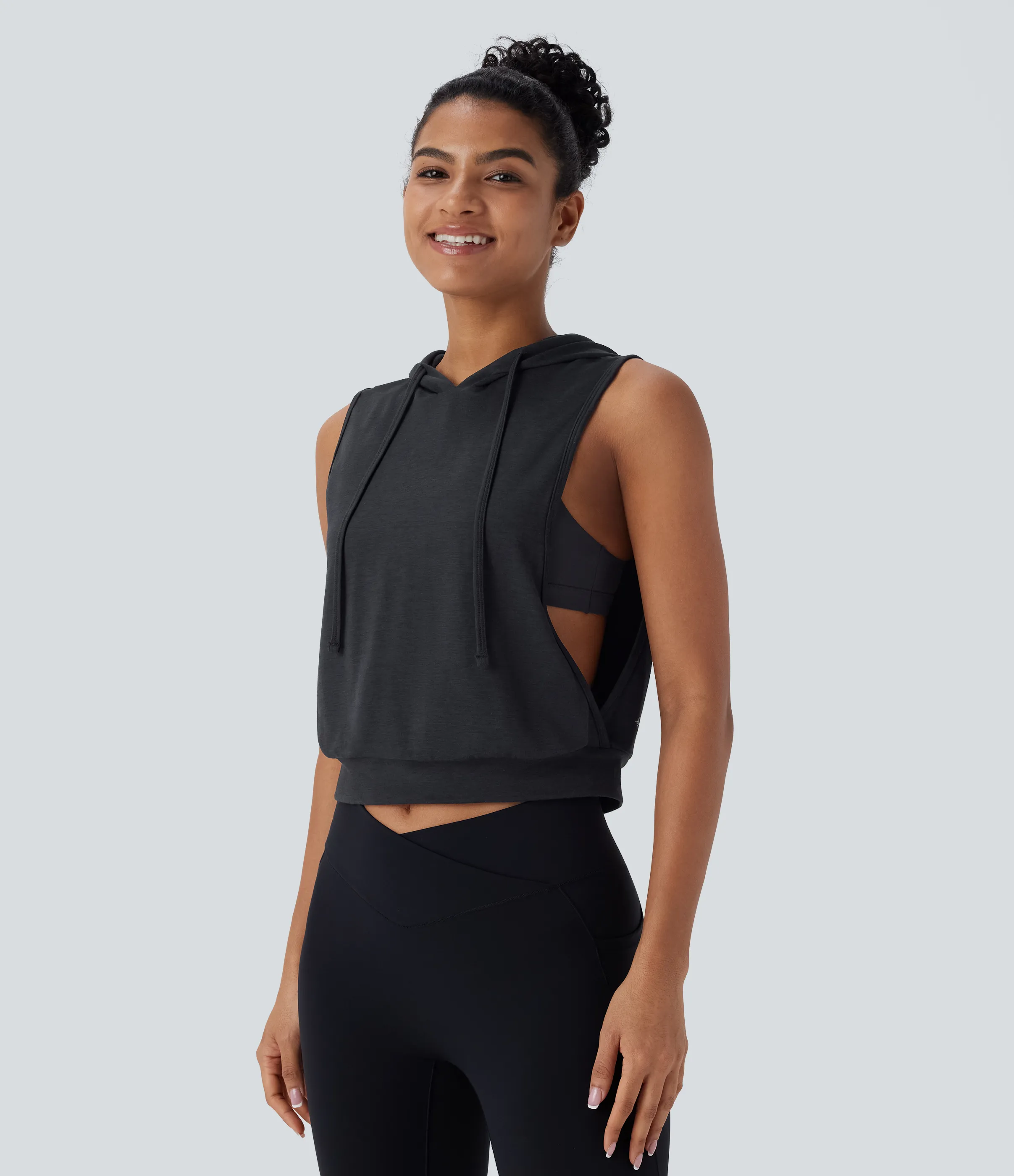 Halara Camiseta sin mangas corta correr capucha cordón ajustable - Mottled Hemp Black - M sold by Halara product image thumbnail 4