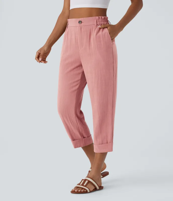 Halara Pantalón capri lino tiro alto bolsillo lateral cremallera botón - Rosette - L(regular) made by Halara