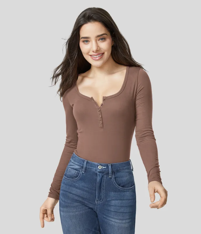 Halara Top ajustado manga larga cuello Henley acanalado - Beaver Fur - L made by Halara