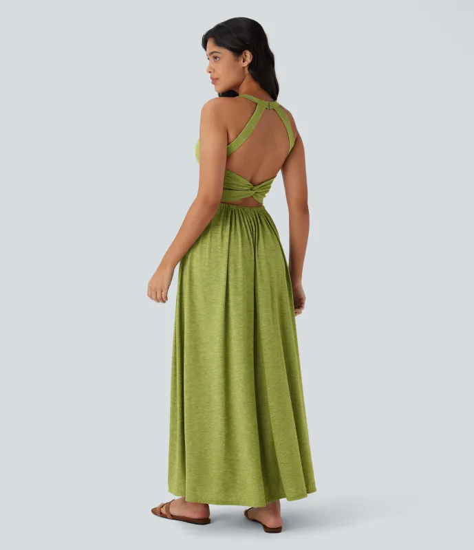 Halara Vestido largo playero fluido con abertura y bolsillos laterales y espalda abierta cruzada - Soft Meadow Green - M made by Halara