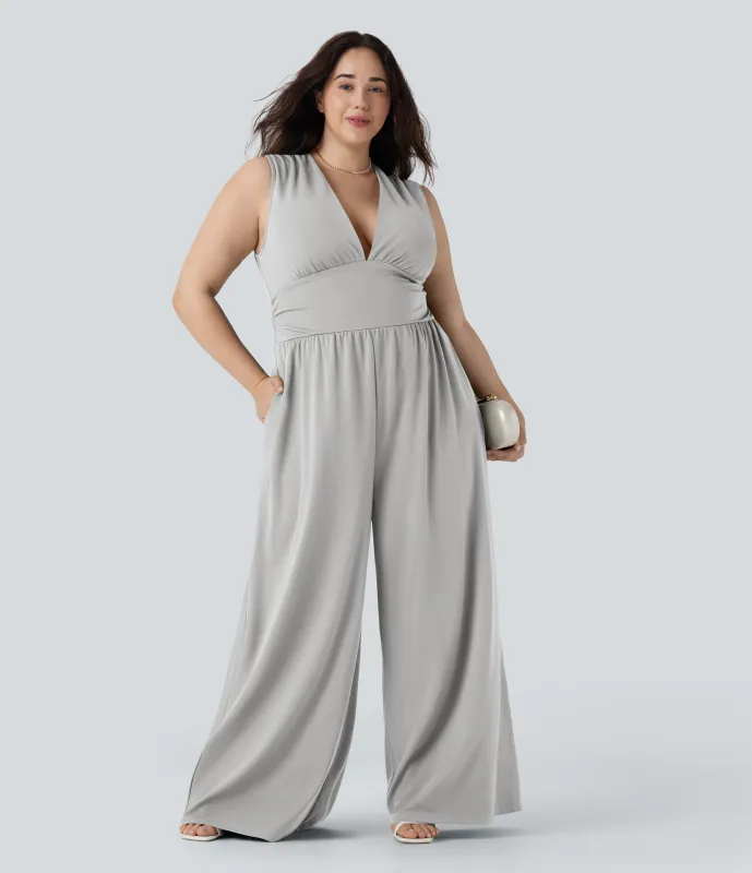 Halara Mono fiesta sin mangas cuello V bolsillo lateral talla grande- Edición Easy Peezy - Dawn Blue - 2X(regular) made by Halara