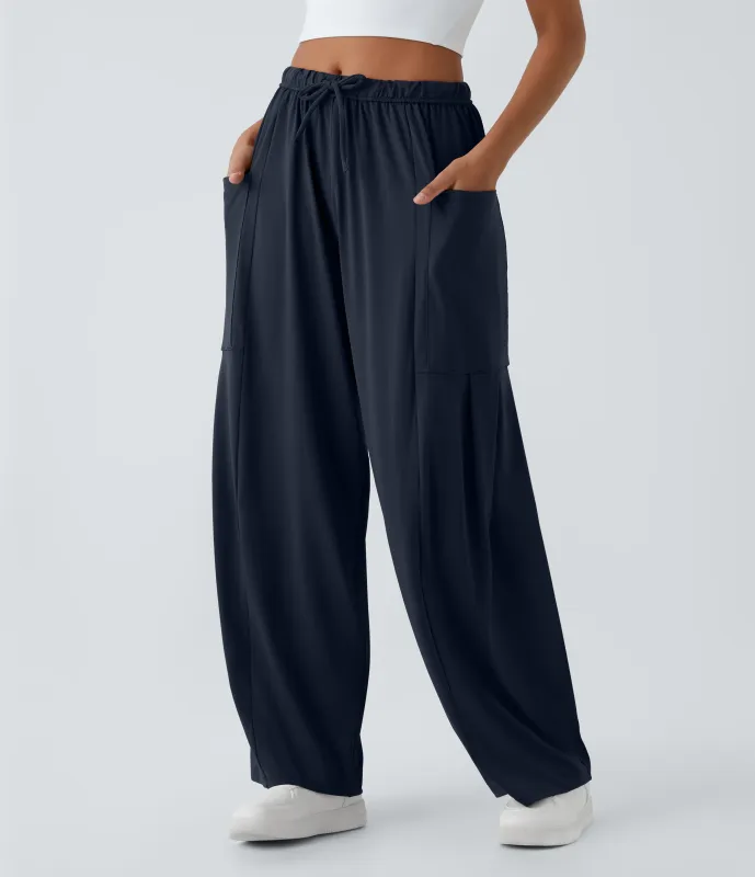 Halara Pantalón pierna ancha fluido palazzo bolsillo lateral cordón ajustable cintura elástica tiro medio - Dark Sapphire - XL(regular) made by Halara