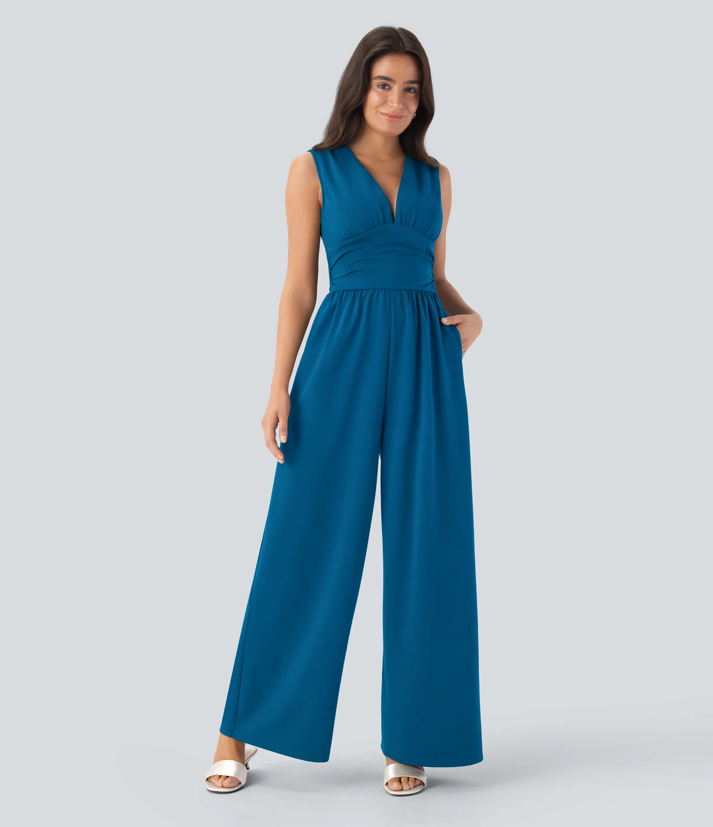 Halara Mono fiesta cuello V sin mangas fruncido lateral cremallera invisible - Easy Peezy - Pacific Blue - S(petite) sold by Halara product image thumbnail 2