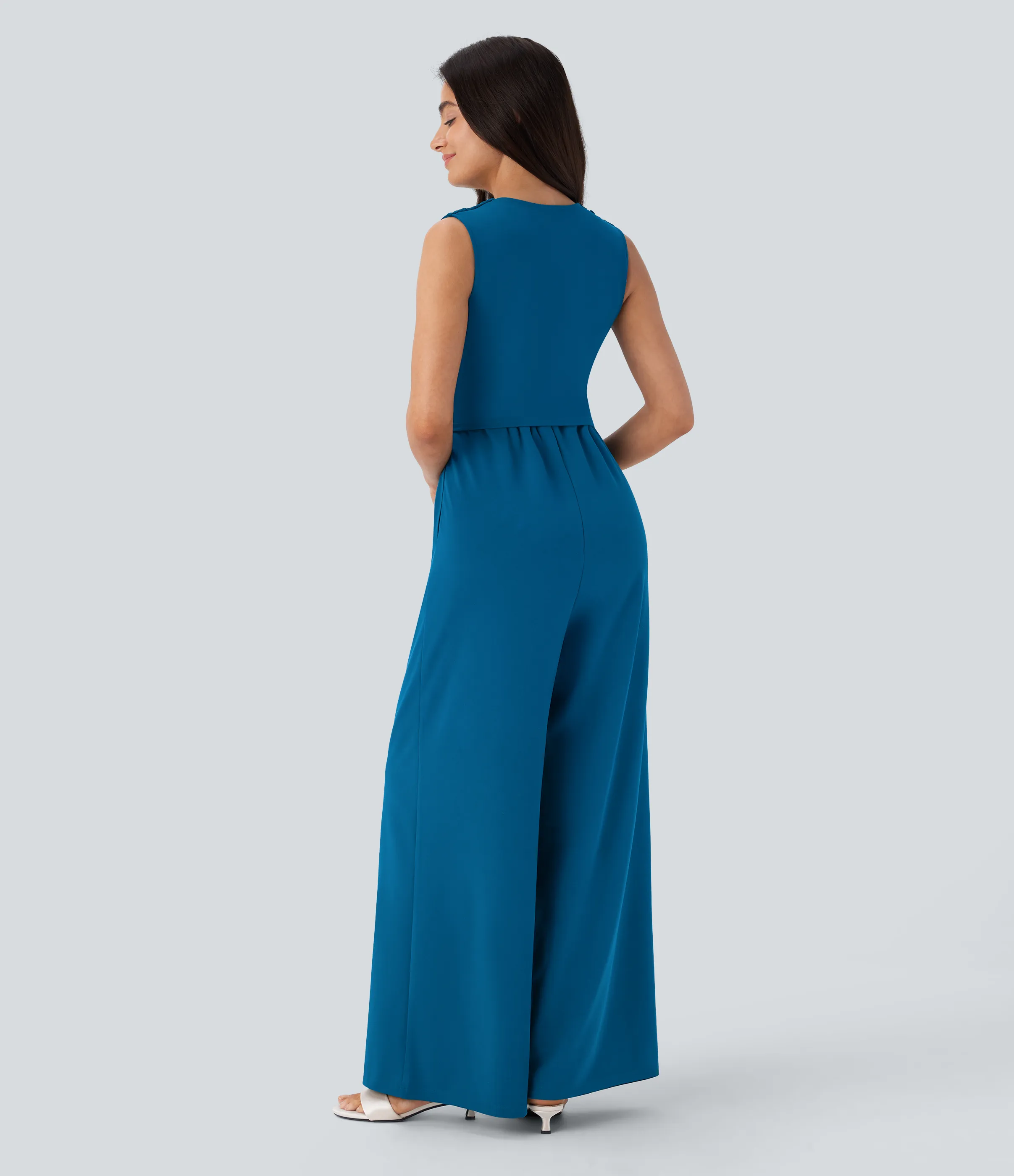 Halara Mono fiesta cuello V sin mangas fruncido lateral cremallera invisible - Easy Peezy - Pacific Blue - S(petite) sold by Halara product image thumbnail 3