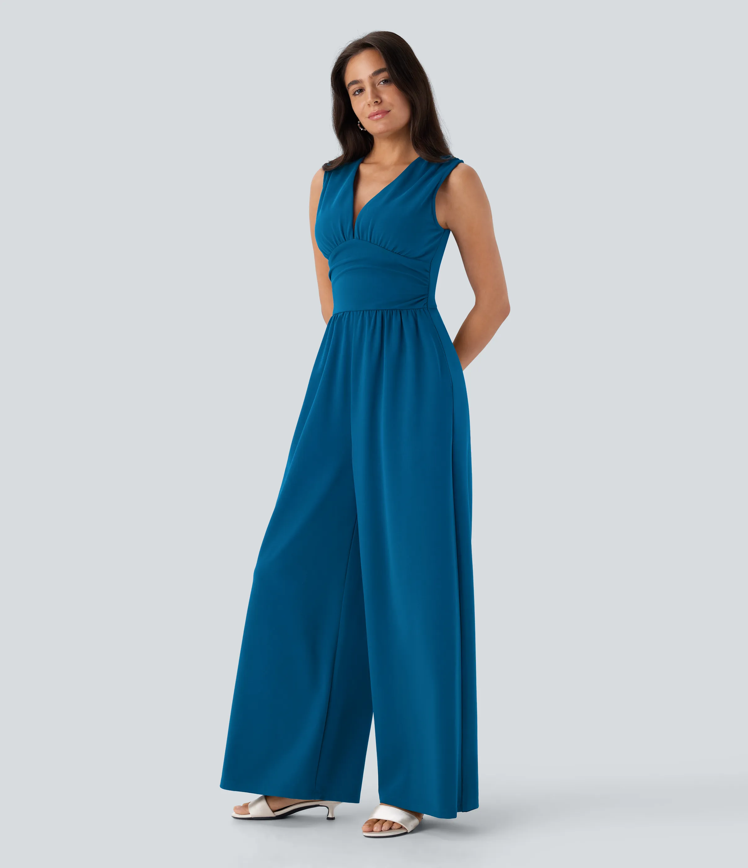 Halara Mono fiesta cuello V sin mangas fruncido lateral cremallera invisible - Easy Peezy - Pacific Blue - S(petite) sold by Halara product image thumbnail 4