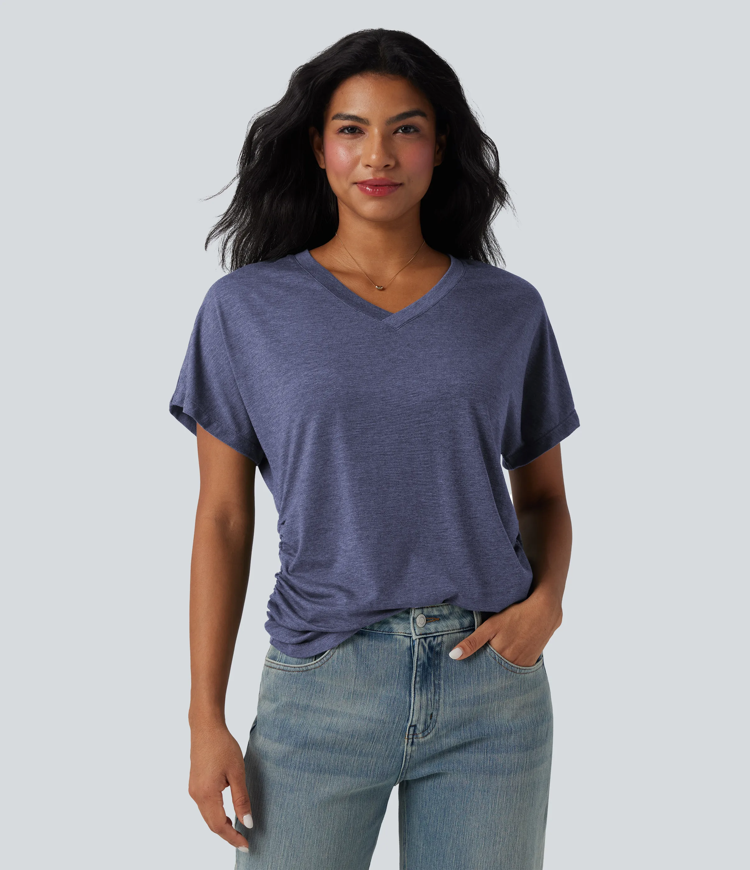 Halara Top casual holgado de manga corta con cuello en V y fruncido - Gray Blue - XL sold by Halara