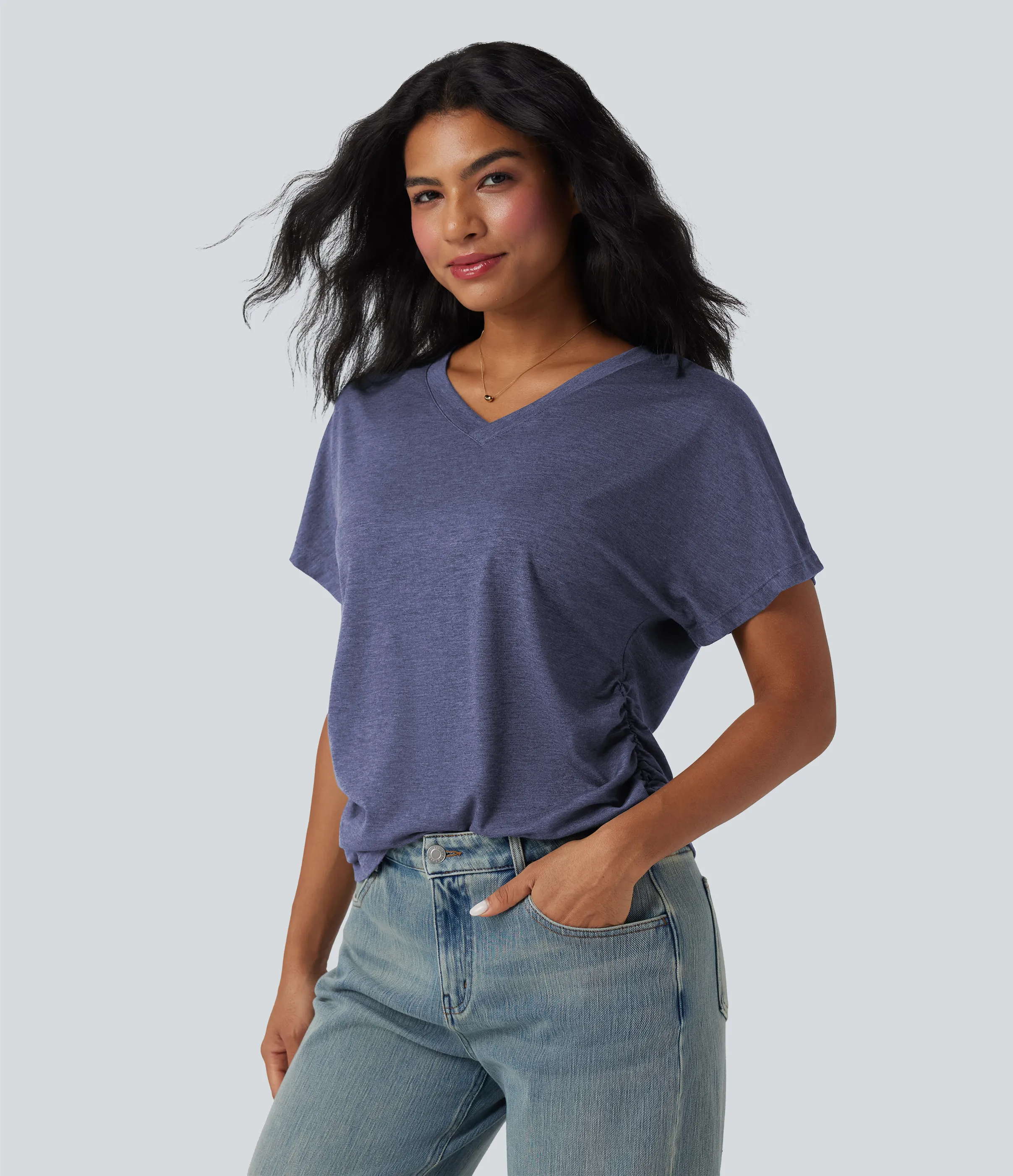 Halara Top casual holgado de manga corta con cuello en V y fruncido - Gray Blue - XL sold by Halara product image thumbnail 5