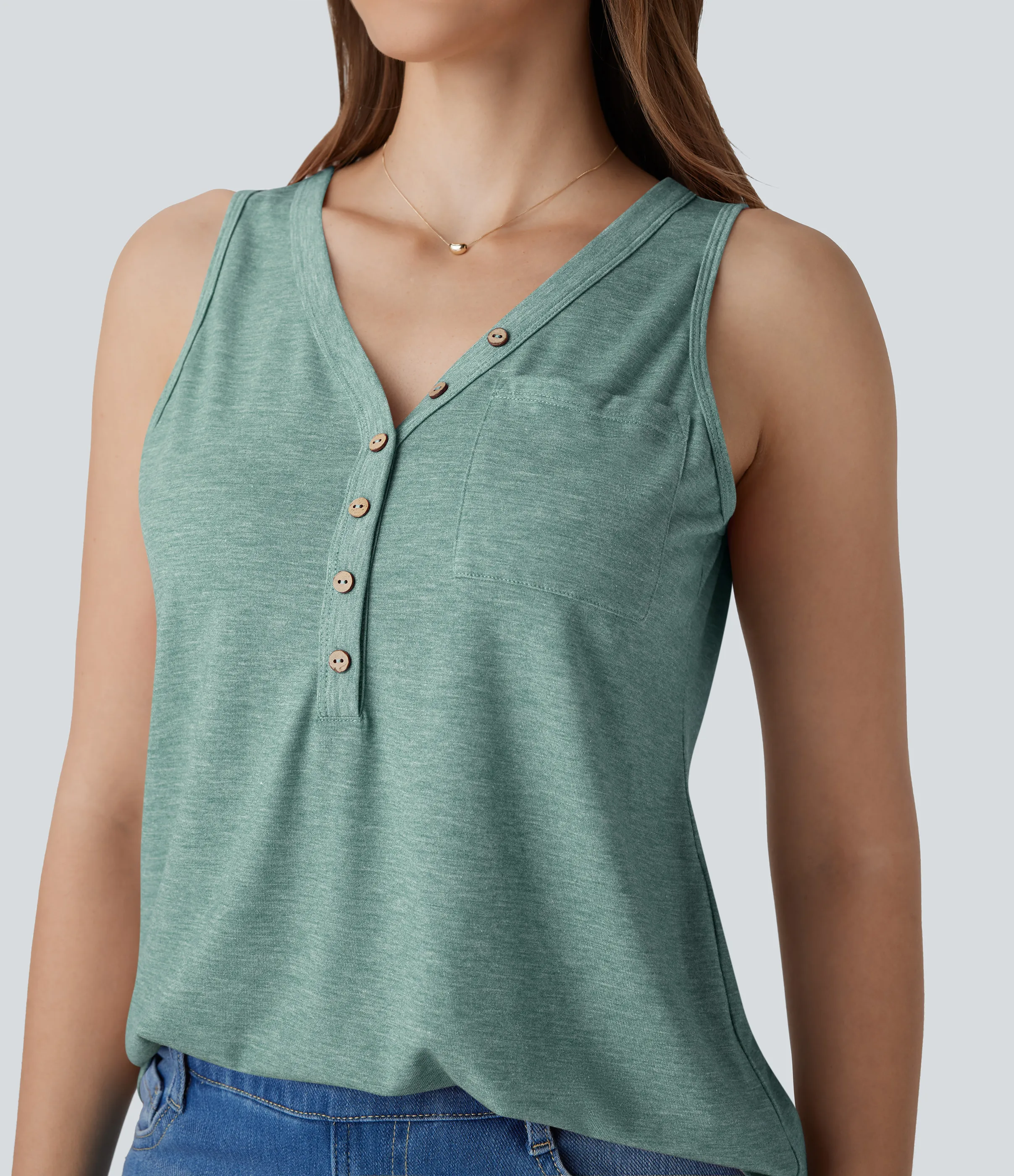 Halara Blusa sin mangas cuello V botón decorativo - Misty Pale Blue - S sold by Halara product image thumbnail 5