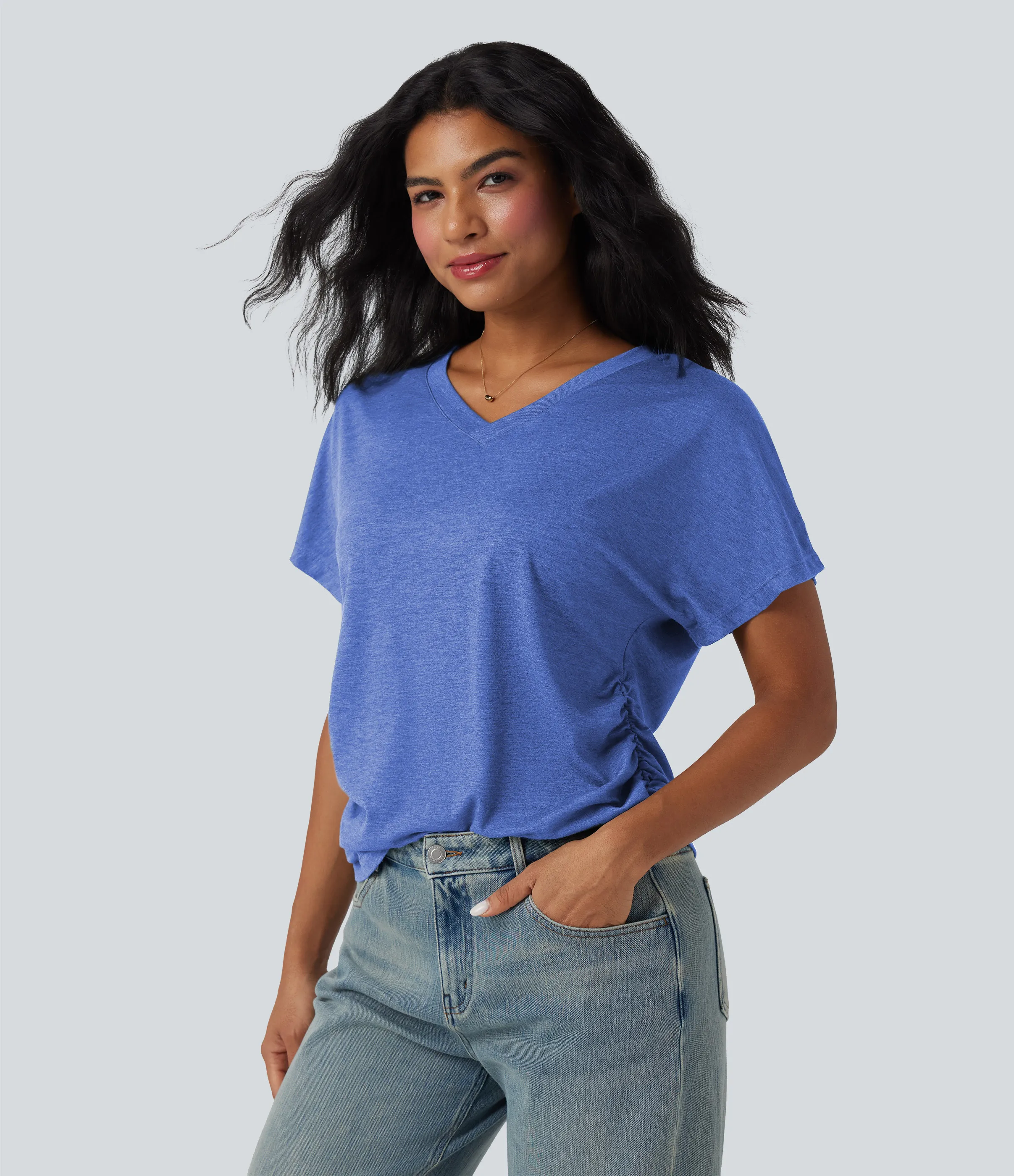 Halara Top casual holgado de manga corta con cuello en V y fruncido - Sky Blue Floral Yarn - XS sold by Halara product image thumbnail 5