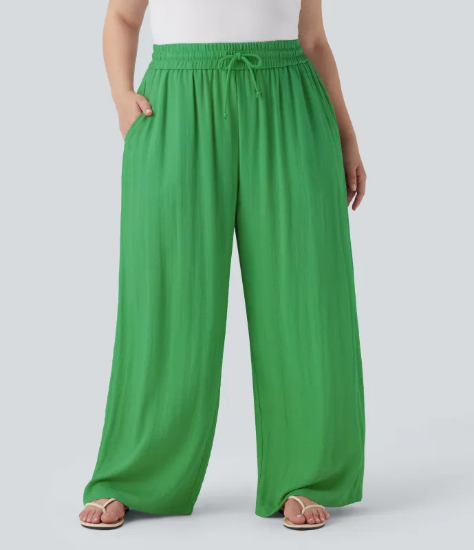 Halara Pantalón lino tiro alto cordón ajustable pierna ancha bolsillo talla grande - Kelly Green - 2X(regular) made by Halara