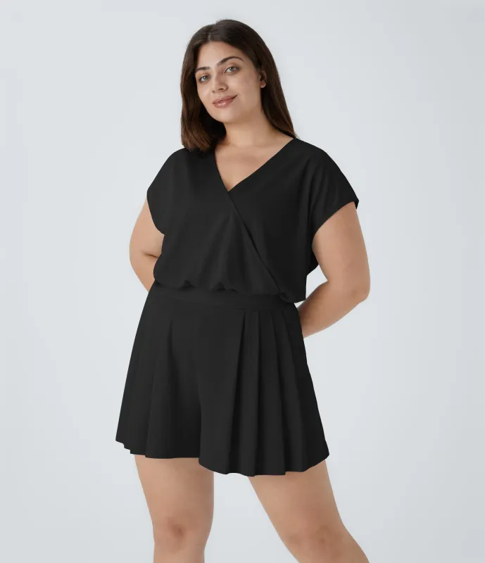 Halara Mono talla grande cuello V manga corta bolsillo lateral plisado - Black - 2X made by Halara