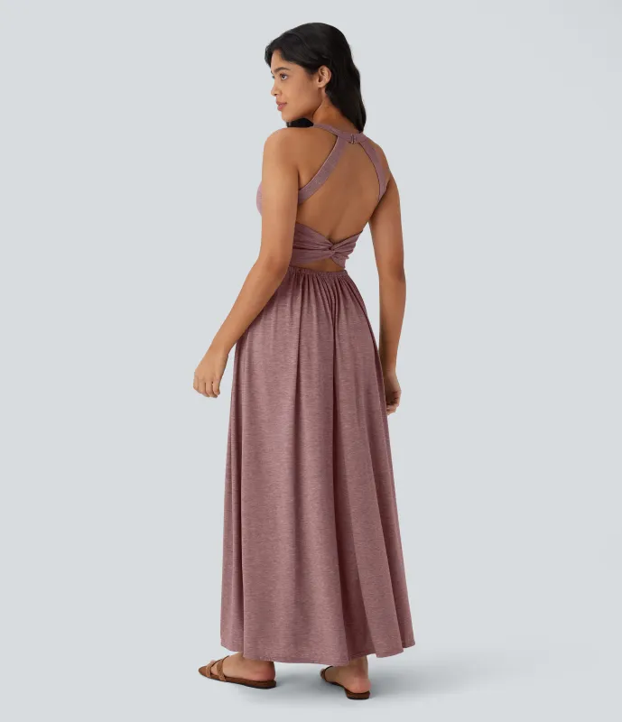 Halara Vestido largo playero fluido con abertura y bolsillos laterales y espalda abierta cruzada - Dusk Rose Plum - XL made by Halara