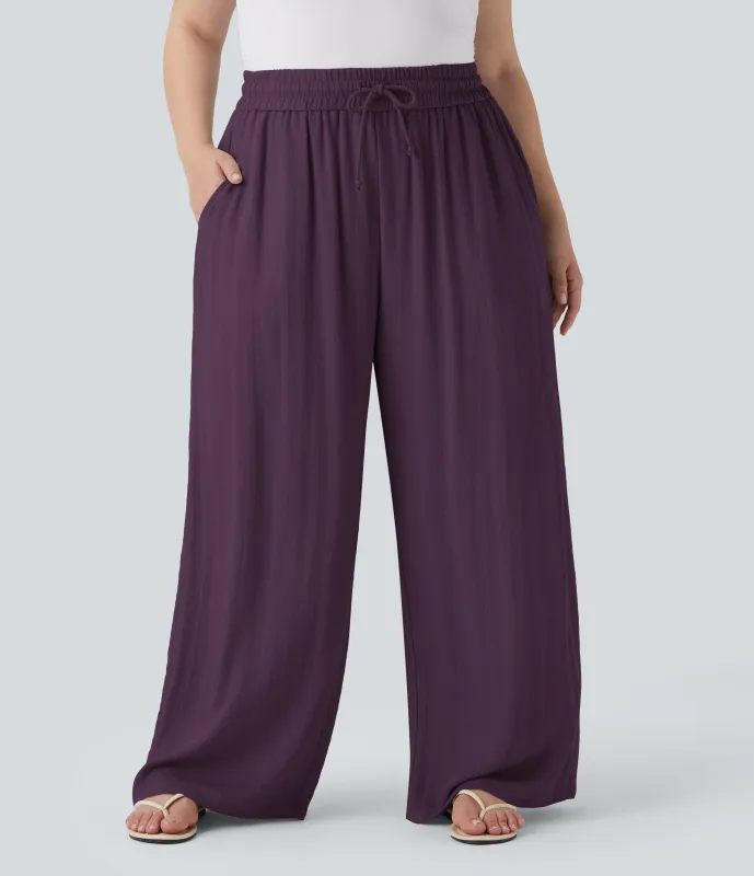 Halara Pantalón lino tiro alto cordón ajustable pierna ancha bolsillo talla grande - Italian Plum - 2X(regular) made by Halara
