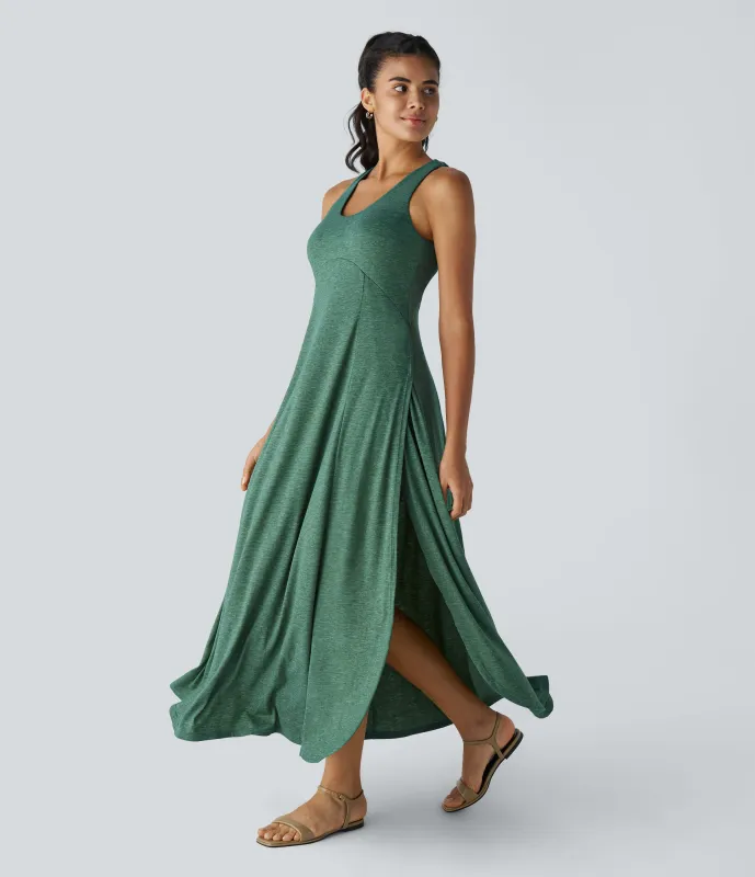 Halara Vestido sin mangas largo fluido dividido sin espalda cuello U - Dark Green Floral Yarn - XL made by Halara