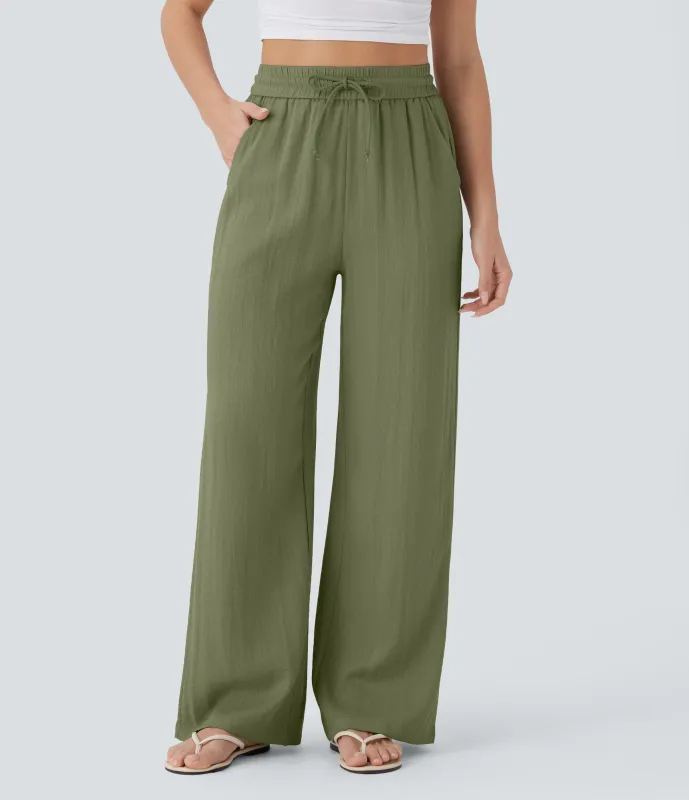 Halara Pantalón lino tiro alto cordón ajustable bolsillo lateral pierna ancha - Loden Green - S(extall) made by Halara