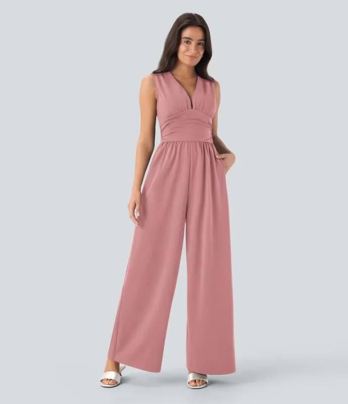 Halara Mono fiesta cuello V sin mangas fruncido lateral cremallera invisible - Easy Peezy - Bridal Rose - XL(petite) made by Halara