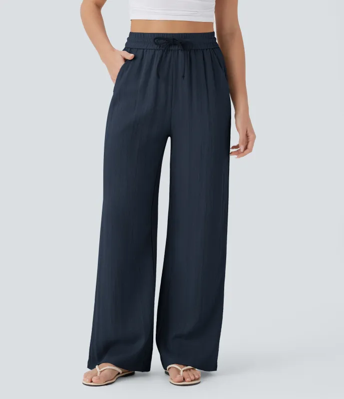 Halara Pantalón lino tiro alto cordón ajustable bolsillo lateral pierna ancha - Dark Blue - XL(regular) made by Halara