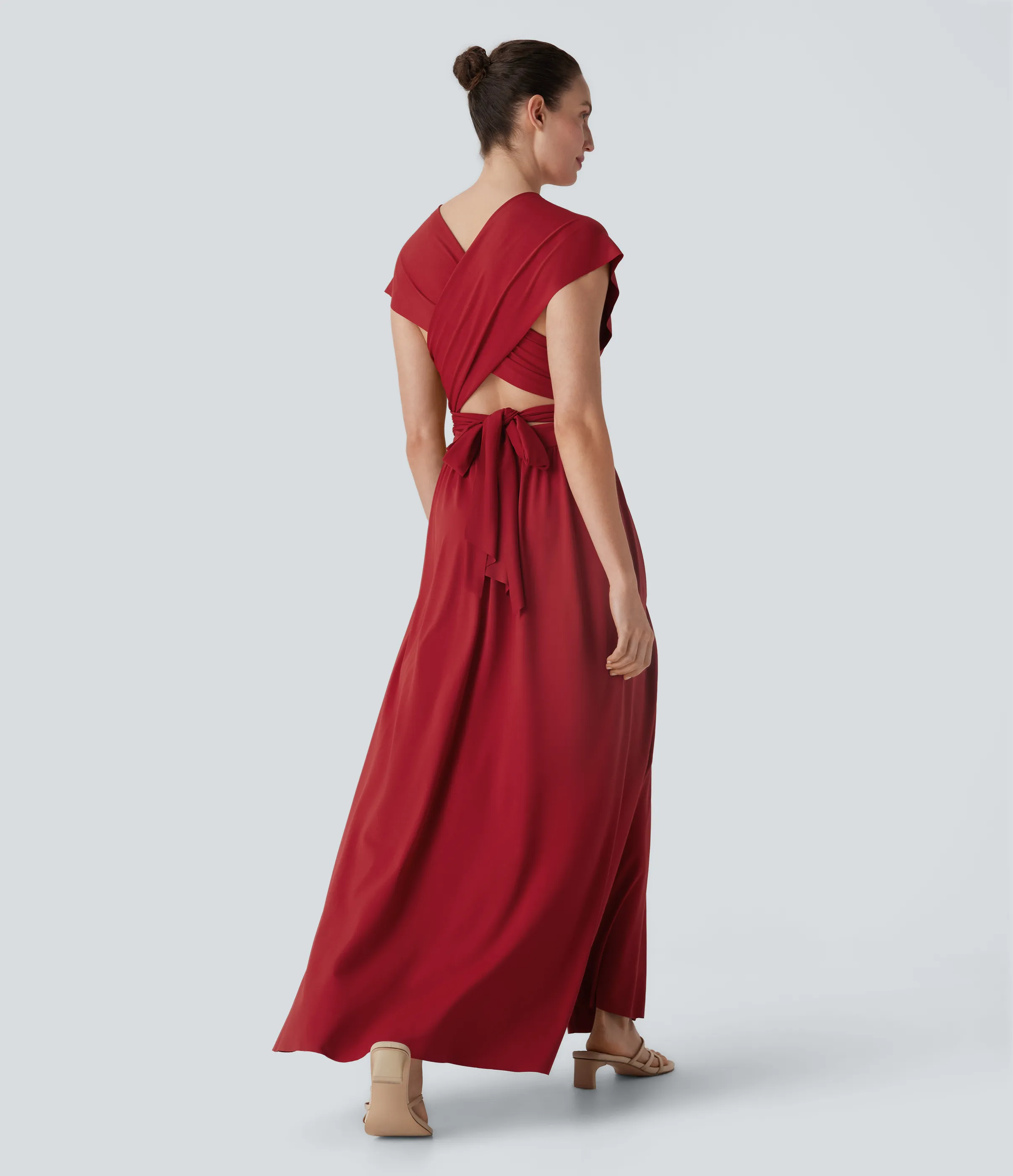 Halara Vestido de fiesta largo con escote en V de manga corta con abertura entrecruzada y lazo en la espalda y bolsillo lateral - Emboldened - XS sold by Halara product image thumbnail 3
