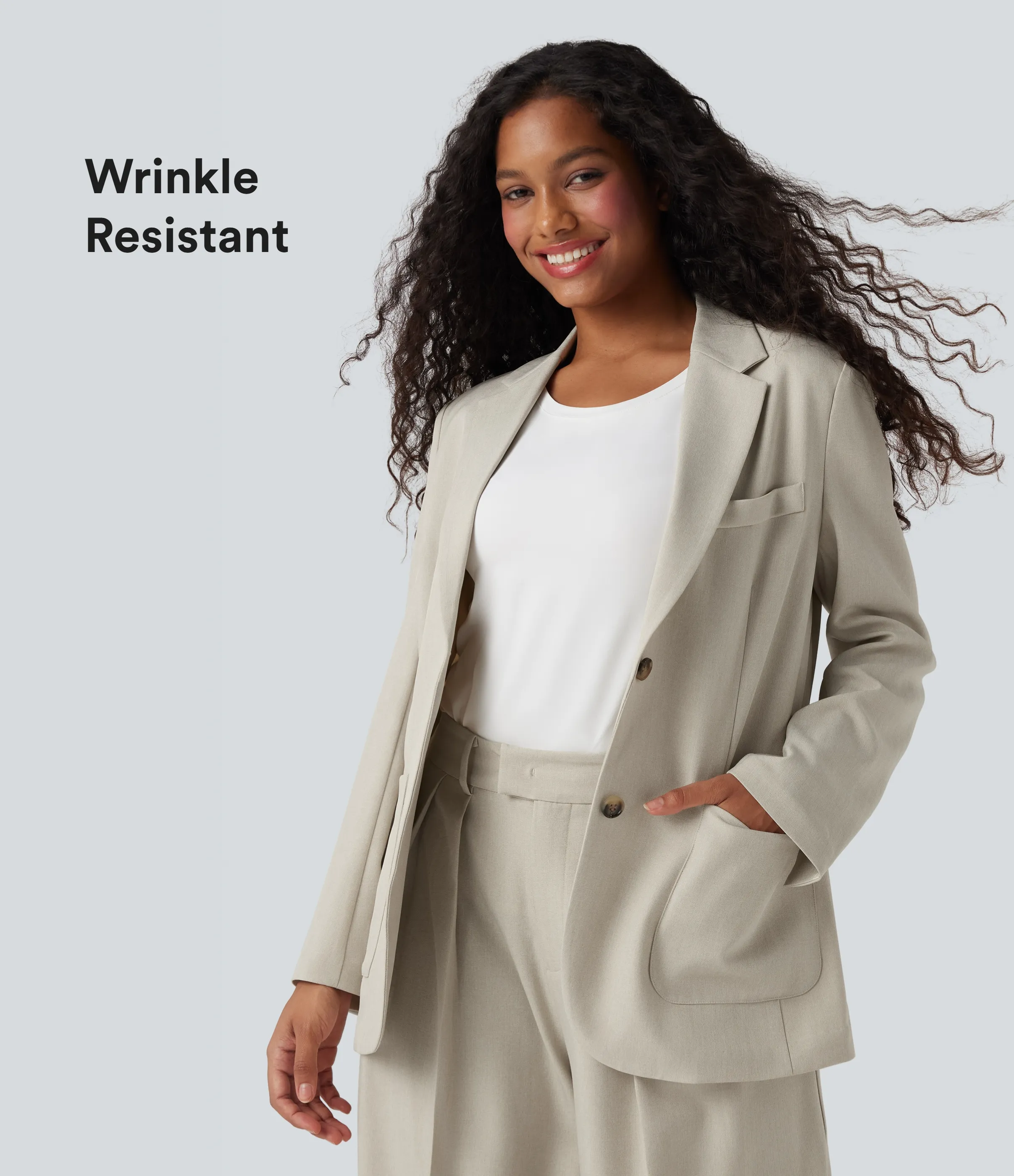 Halara Blazer de oficina de lino antiarrugas de manga larga con solapas y bolsillos - Warm Sandstone - S sold by Halara product image thumbnail 2