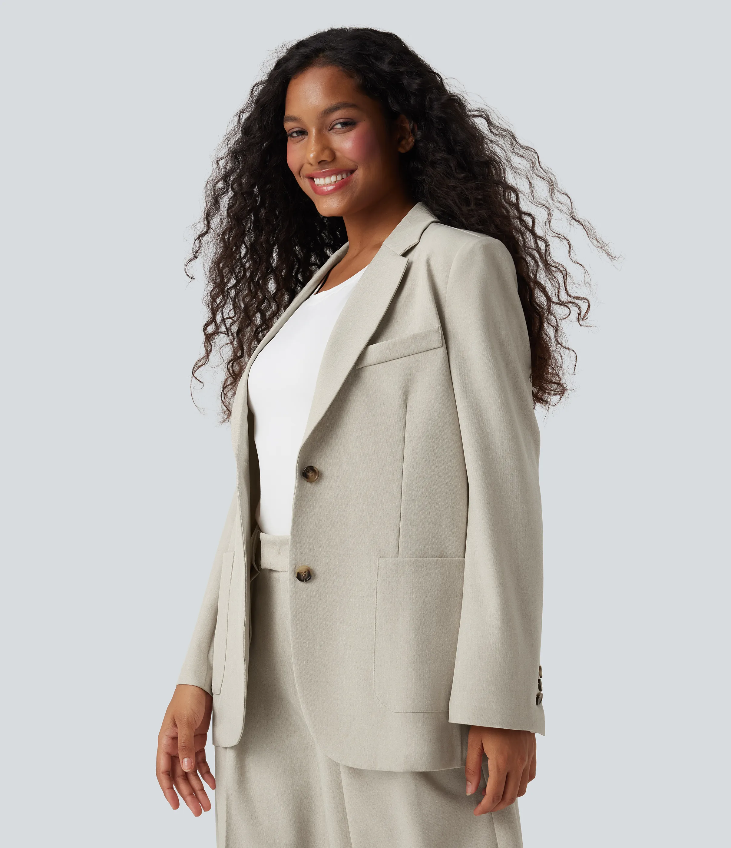 Halara Blazer de oficina de lino antiarrugas de manga larga con solapas y bolsillos - Warm Sandstone - S sold by Halara product image thumbnail 4