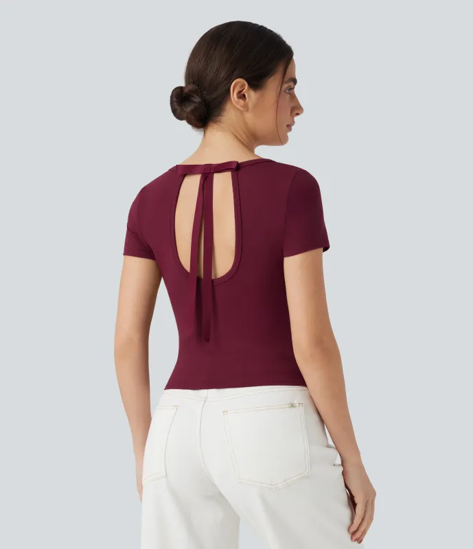 Halara Top casual corto con lazo de manga corta y cuello redondo - Deep Wine - L made by Halara