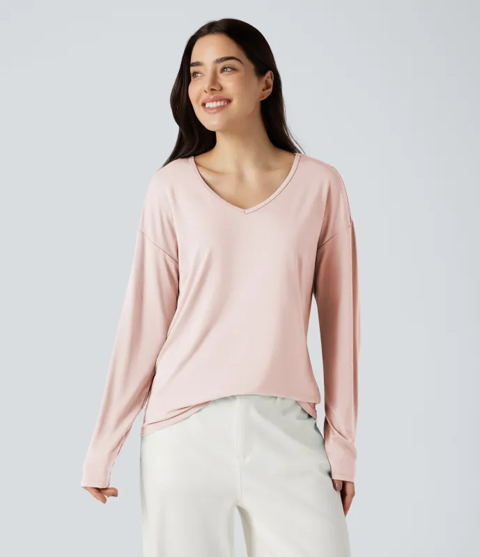 Halara Top casual de manga larga con cuello en V - Sheer Pink - S made by Halara