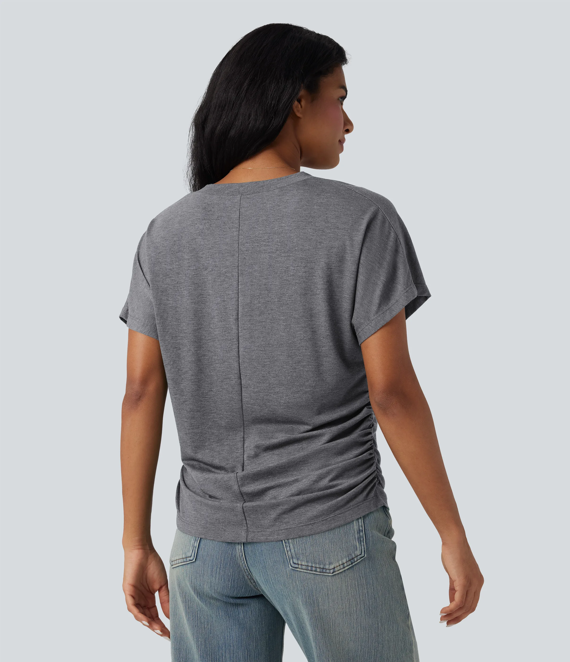 Halara Top casual holgado de manga corta con cuello en V y fruncido - Darl Gray Floral Yarn - XL sold by Halara product image thumbnail 3