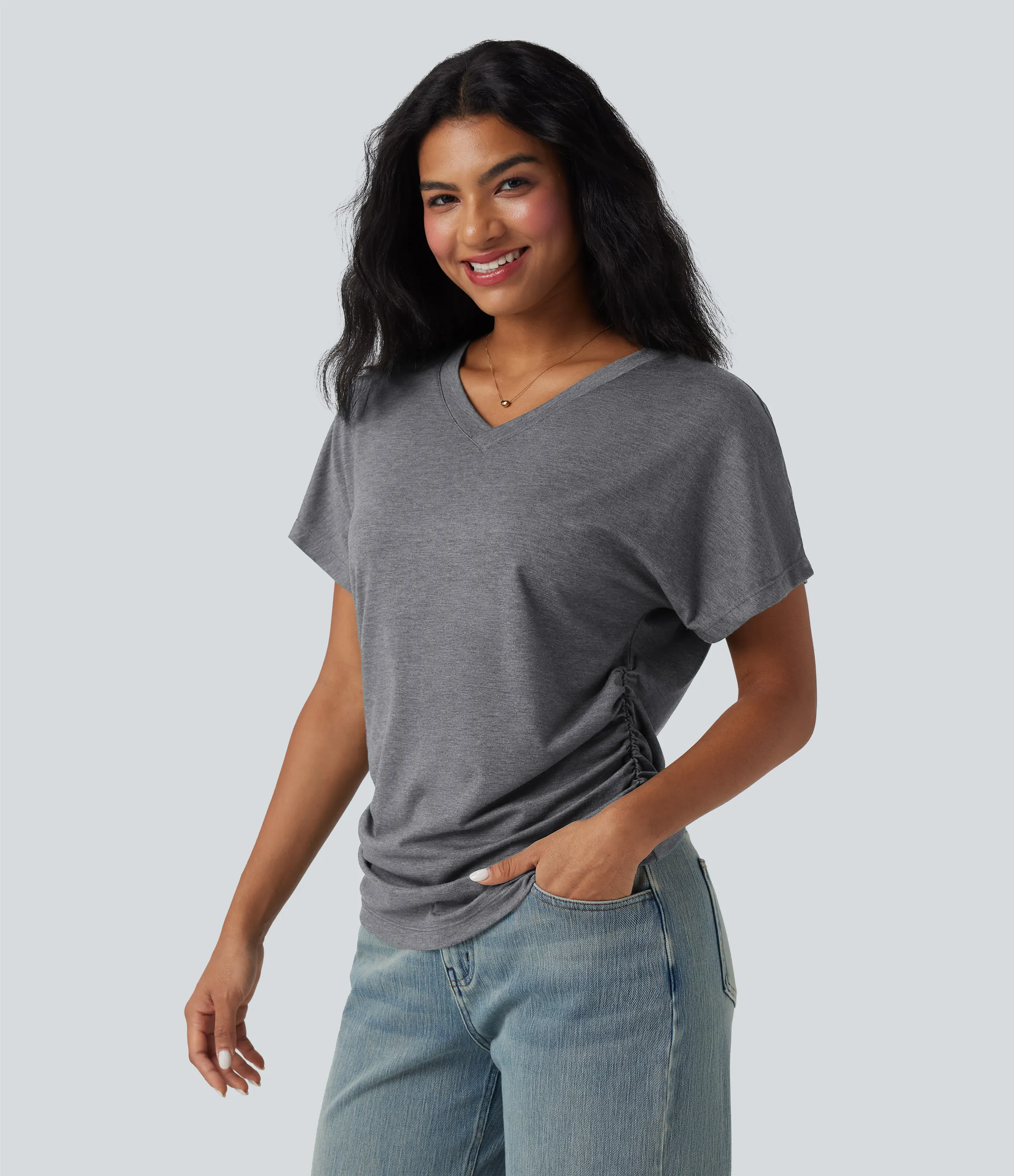 Halara Top casual holgado de manga corta con cuello en V y fruncido - Darl Gray Floral Yarn - XL sold by Halara product image thumbnail 4