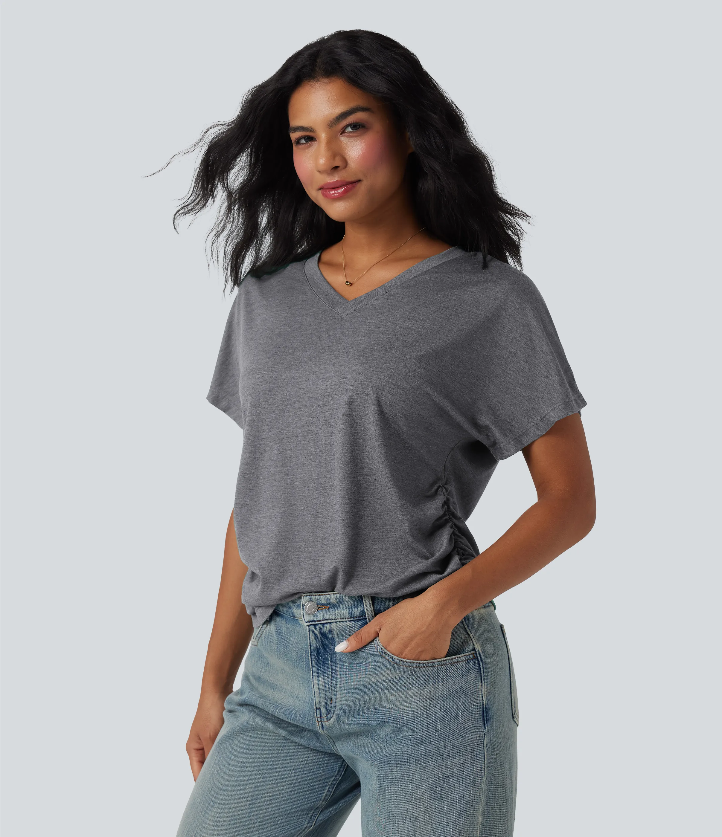 Halara Top casual holgado de manga corta con cuello en V y fruncido - Darl Gray Floral Yarn - XL sold by Halara product image thumbnail 5
