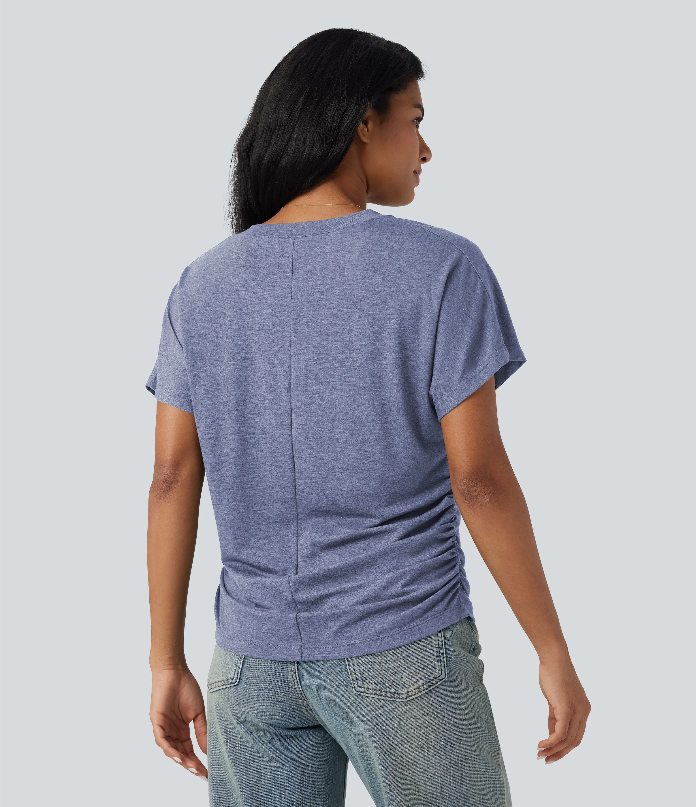 Halara Top casual holgado de manga corta con cuello en V y fruncido - Light Blue Floral Yarn - L sold by Halara product image thumbnail 3