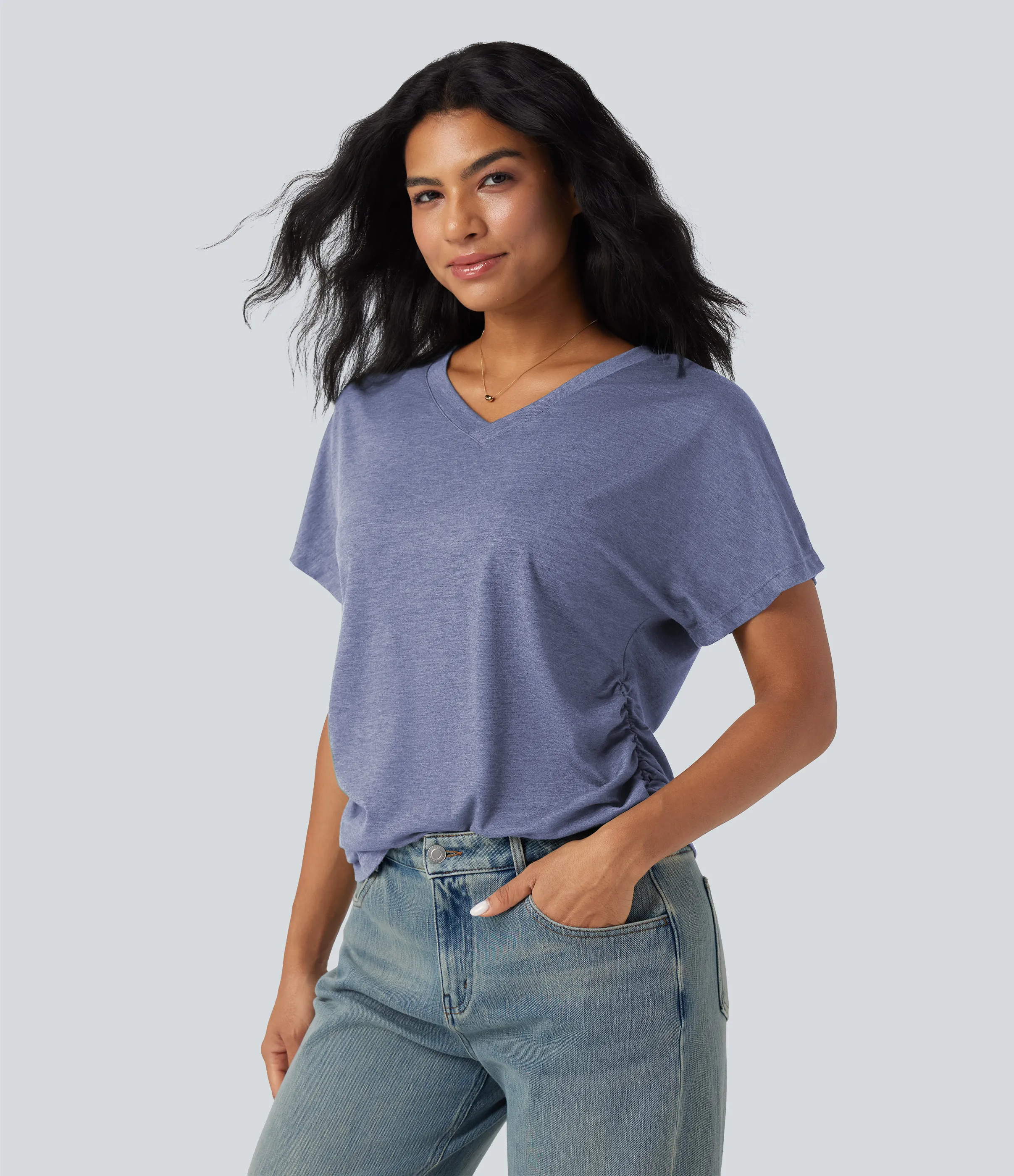 Halara Top casual holgado de manga corta con cuello en V y fruncido - Light Blue Floral Yarn - L sold by Halara product image thumbnail 5