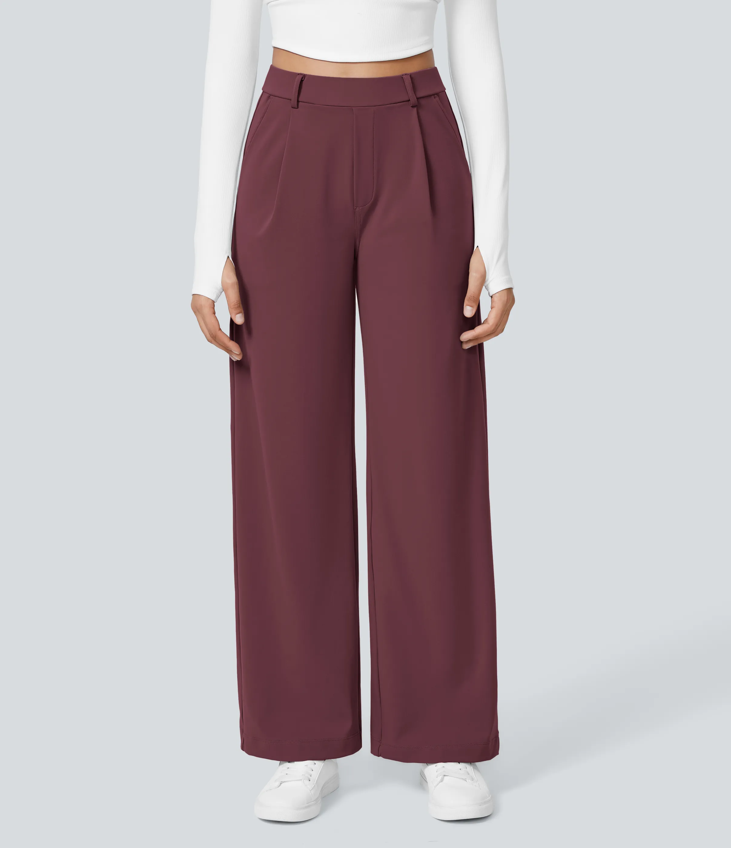Halara Pantalón oficina pierna recta bolsillo lateral tiro alto pliegue - Red Mahogany - XL(extall) sold by Halara product image thumbnail 3