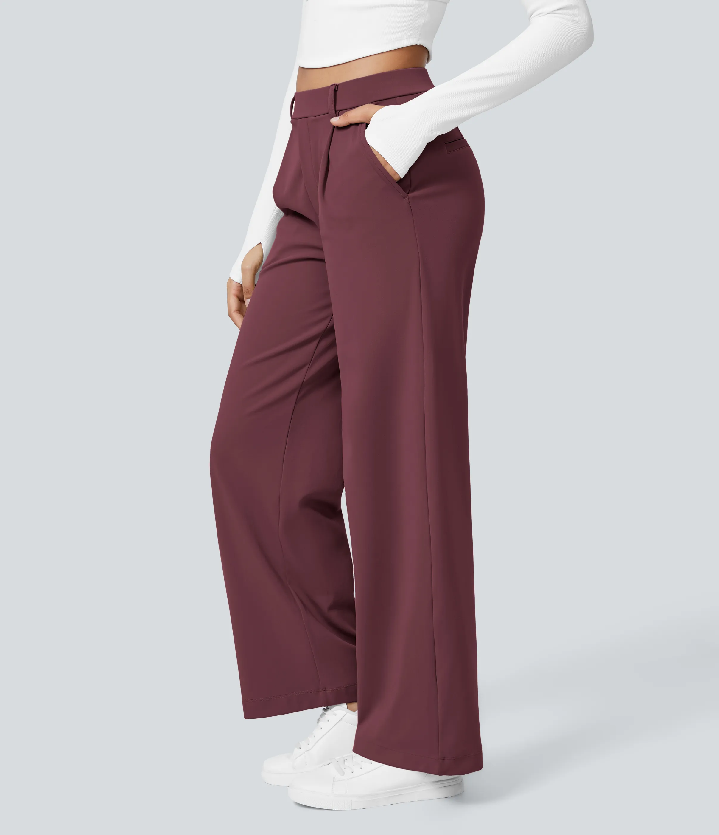 Halara Pantalón oficina pierna recta bolsillo lateral tiro alto pliegue - Red Mahogany - XL(extall) sold by Halara product image thumbnail 4