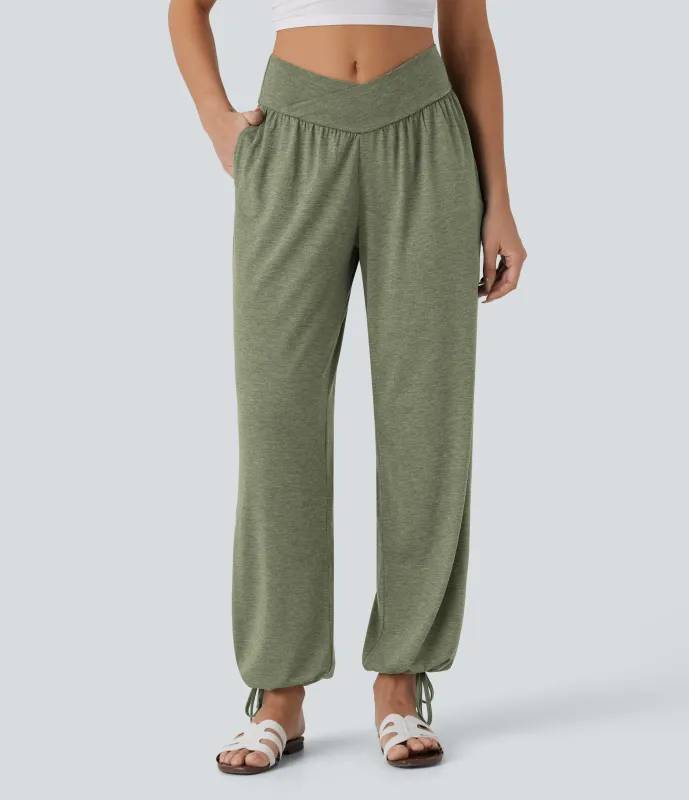 Halara Pantalón deportivo tiro alto bolsillo lateral cordón ajustable - Light Green Floral Yarn - L(regular) made by Halara