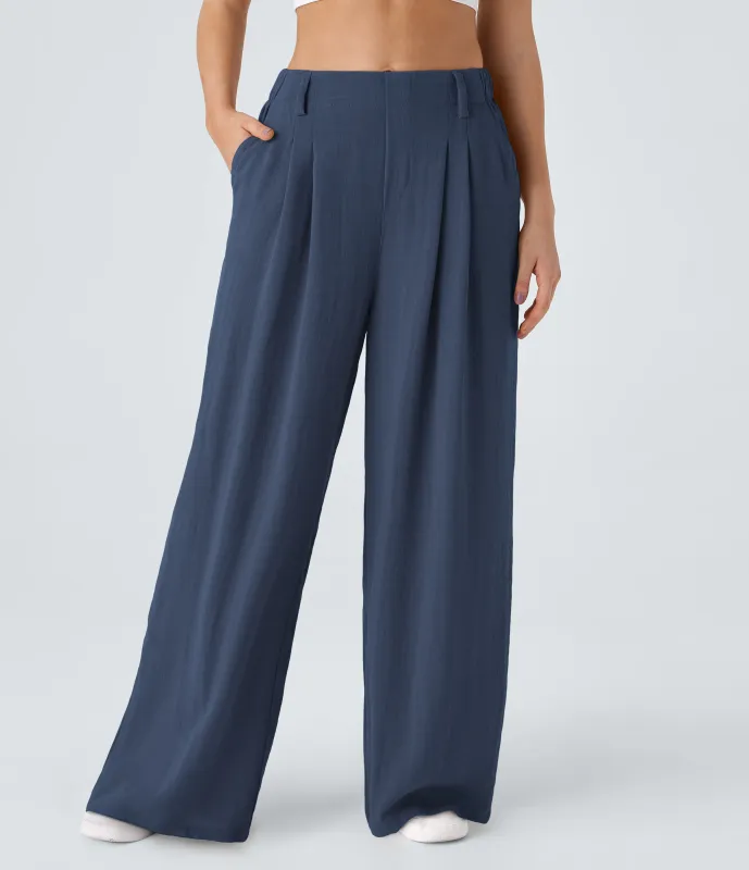 Halara Pantalón tiro alto bolsillo lateral plisado pierna ancha - Deep Secluded Blue - XS(petite) made by Halara