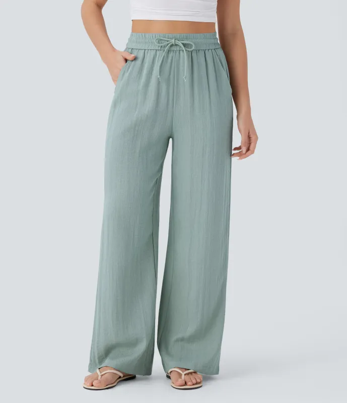 Halara Pantalón lino tiro alto cordón ajustable bolsillo lateral pierna ancha - Ether - L(extall) made by Halara