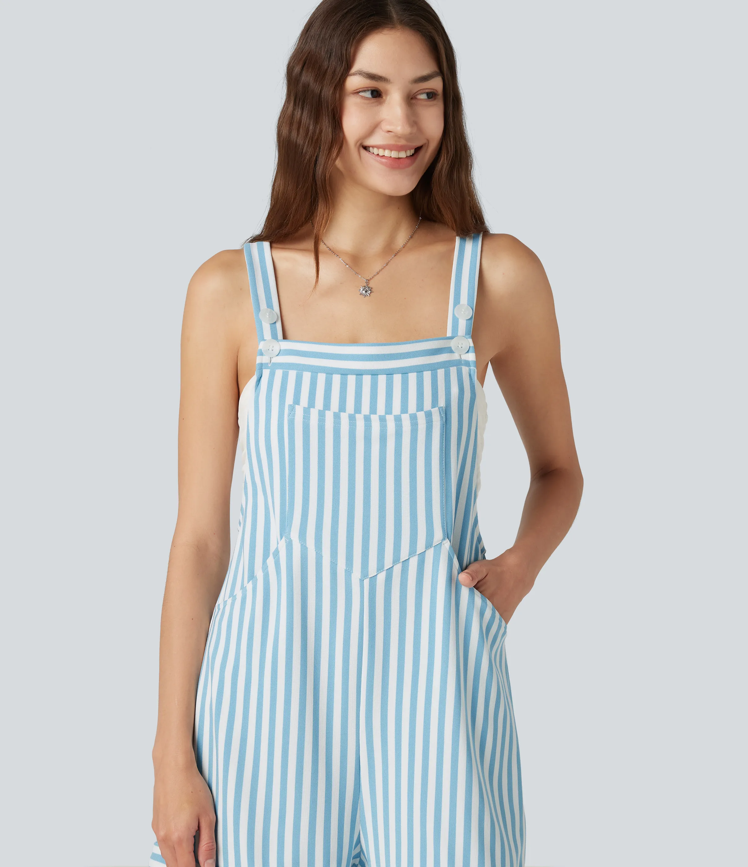 Halara Overol resort gofre raya múltiple bolsillo botón correa ajustable - Sky Stripe - XL sold by Halara product image thumbnail 5
