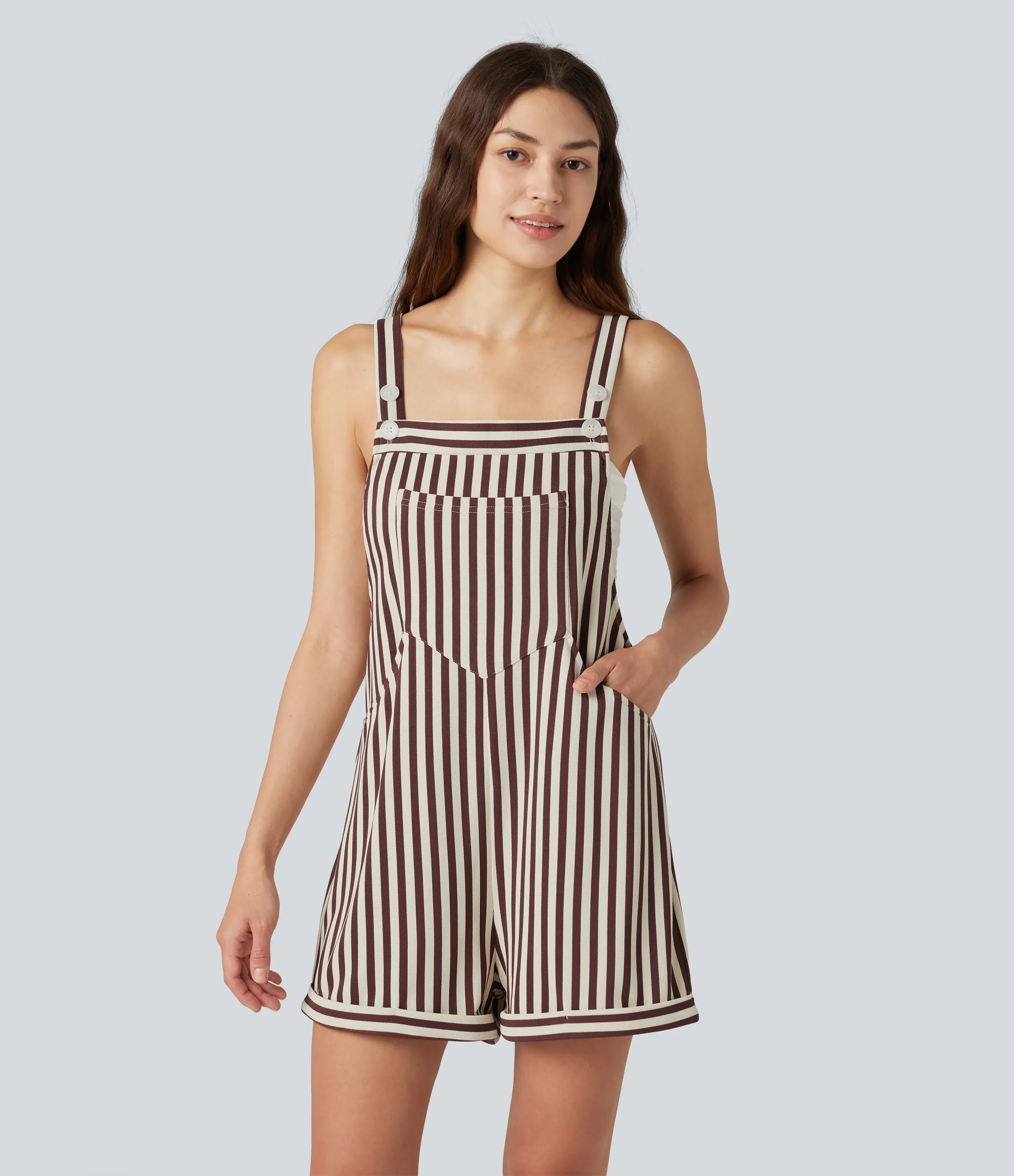 Halara Overol resort gofre raya múltiple bolsillo botón correa ajustable - Khaki Brown Horizontal Stripe - S sold by Halara product image thumbnail 2