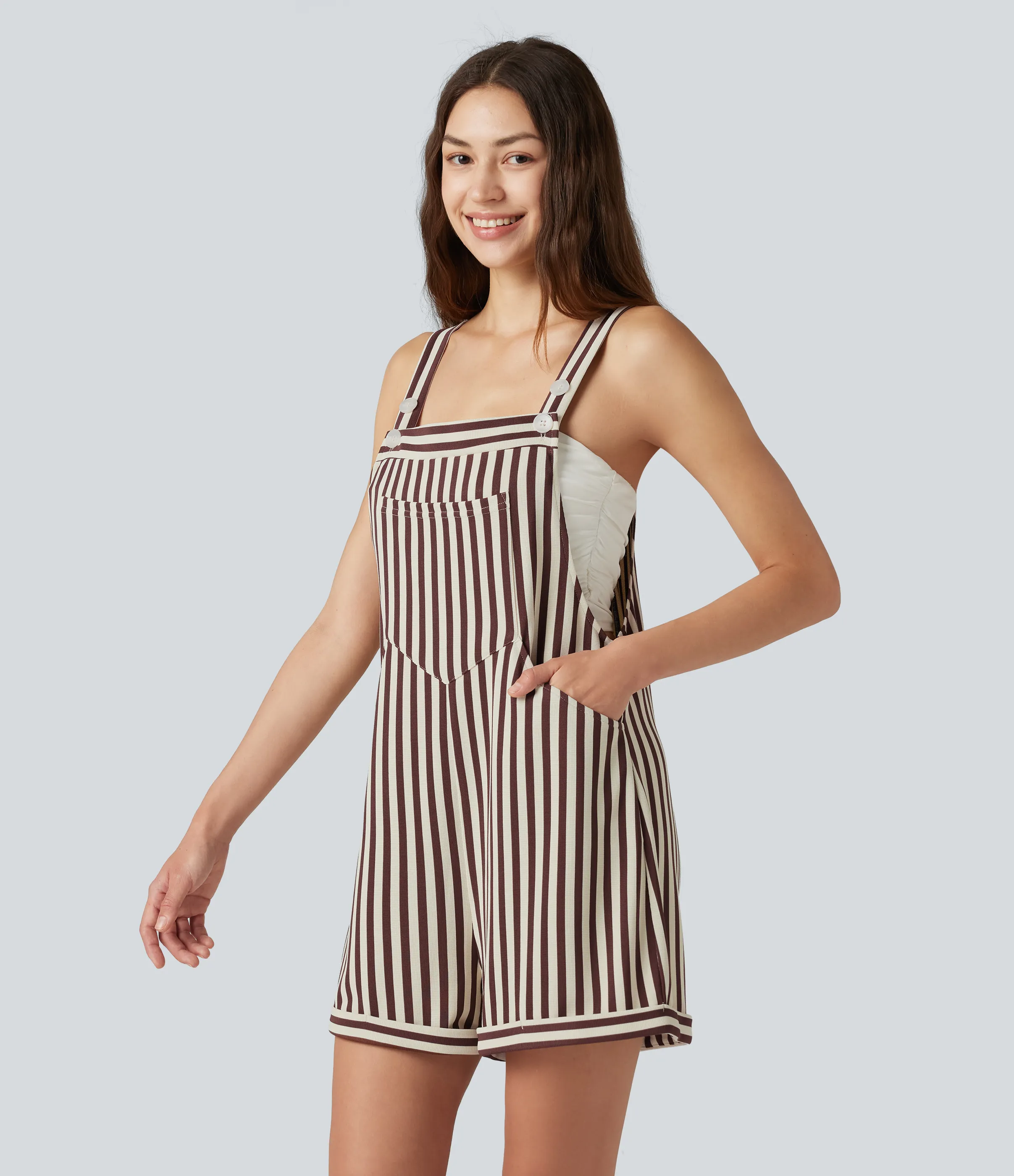 Halara Overol resort gofre raya múltiple bolsillo botón correa ajustable - Khaki Brown Horizontal Stripe - S sold by Halara product image thumbnail 4