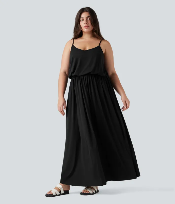 Halara Vestido lencero largo fluido de talla grande con bolsillos - Black - 2X made by Halara