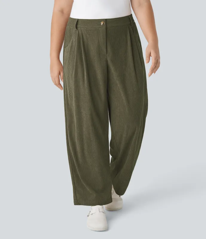 Halara Pantalones pana talla grande bolsillo lateral cremallera botón tiro medio - Icy Bamboo Green - 1X made by Halara