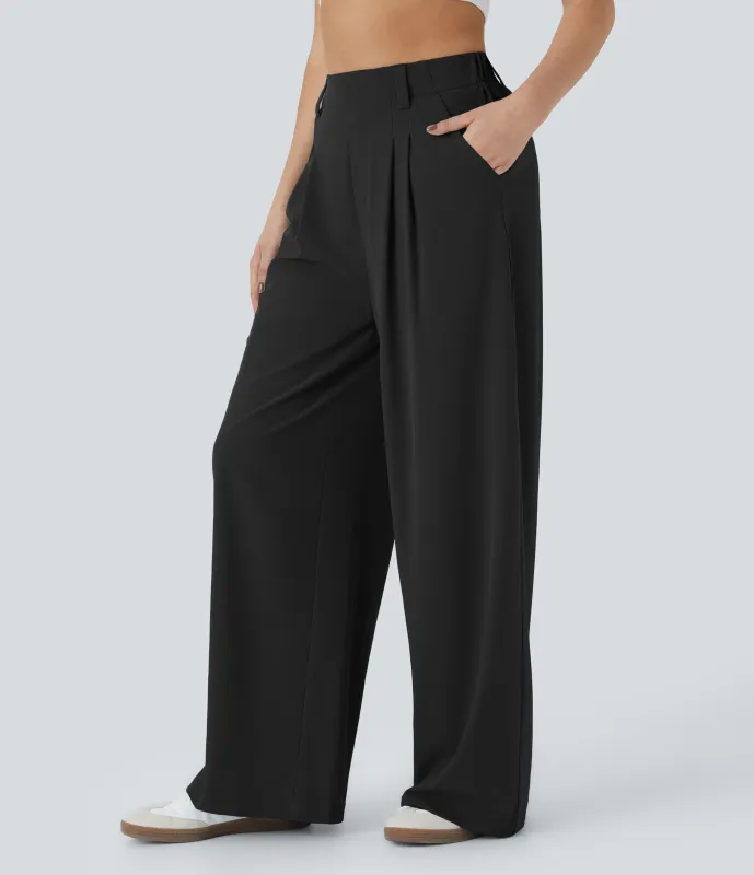 Halara Pantalones Breezeful™ secado rápido palazzo liso fluido bolsillo lateral plisado pierna ancha - Black - L(regular) made by Halara