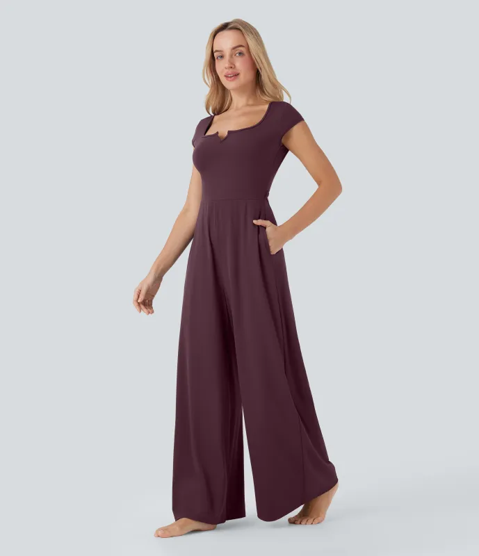 Halara Mono de yoga ancho Softlyzero™ de manga corta con cuello entallado de tacto fresco con bolsillos laterales - Edición Easy Peezy - Fig - XL(regular) made by Halara