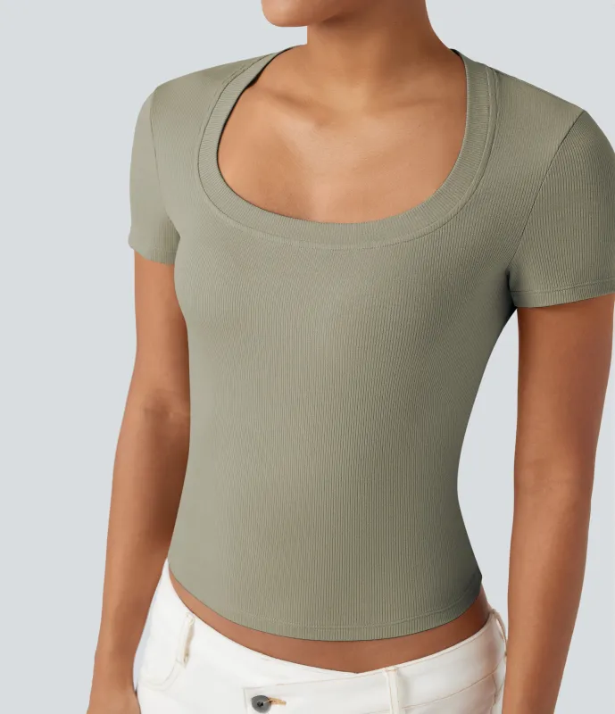 Halara Camiseta casual de manga corta de punto acanalado - Abbey Stone - XS made by Halara