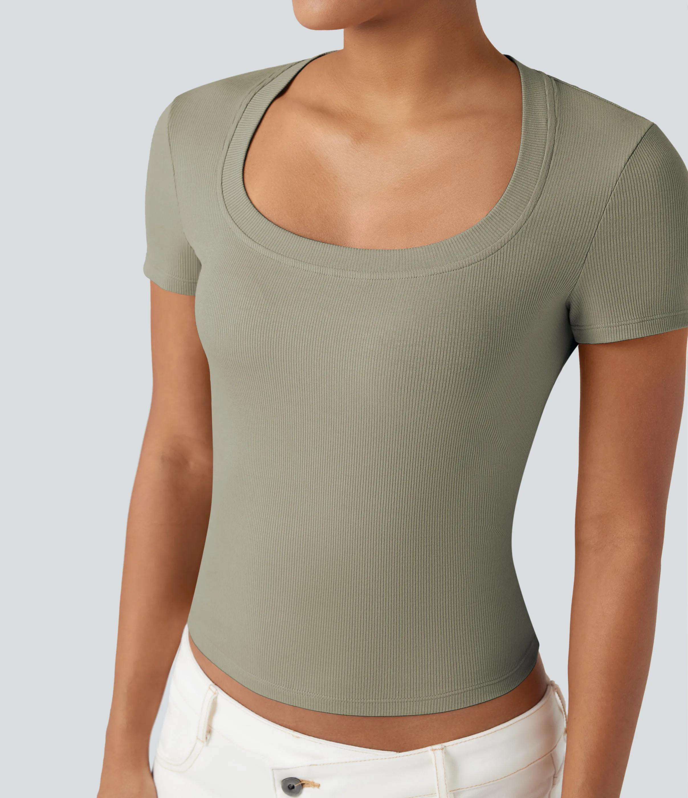Halara Camiseta casual de manga corta de punto acanalado - Abbey Stone - XS sold by Halara