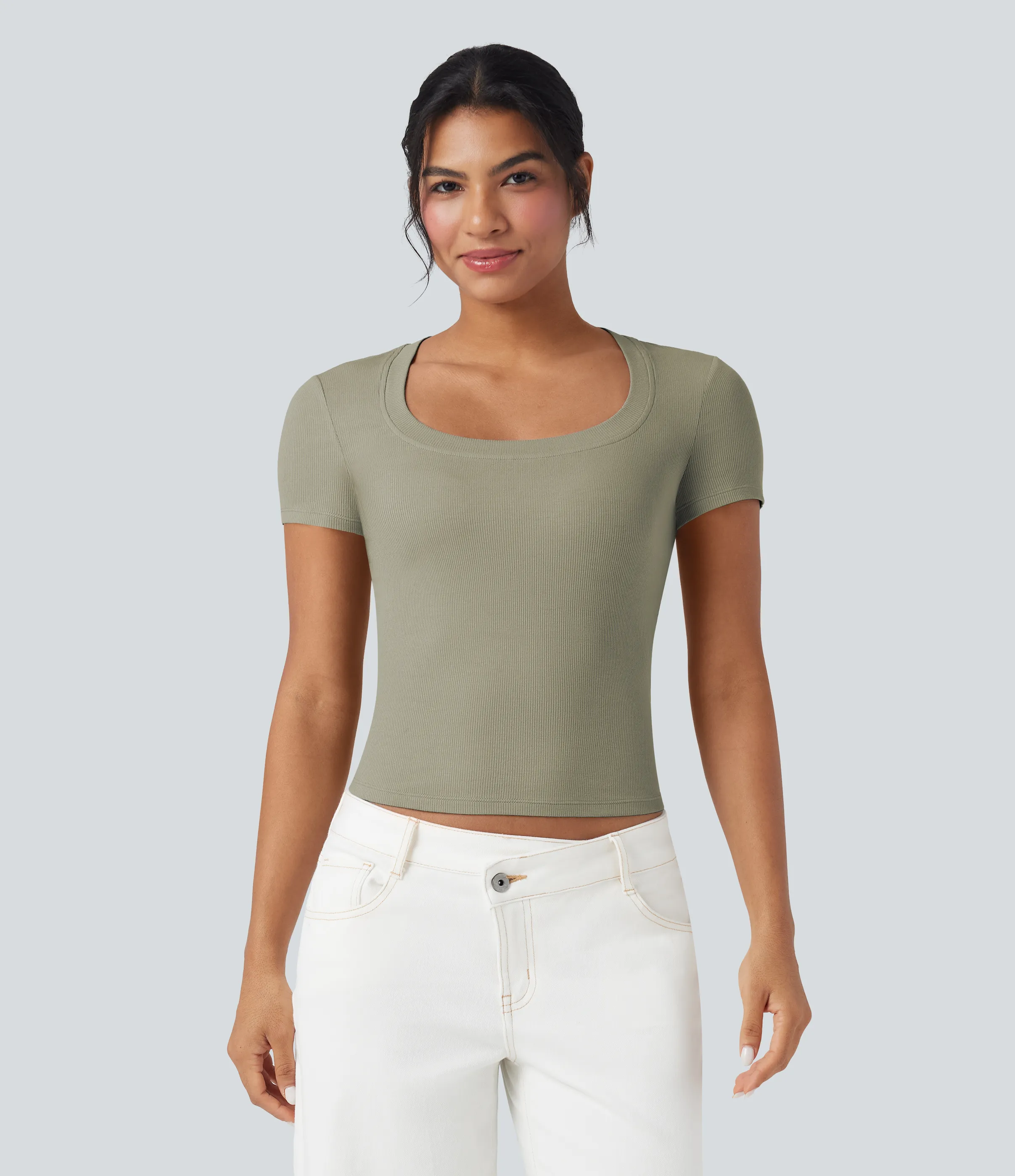 Halara Camiseta casual de manga corta de punto acanalado - Abbey Stone - XS sold by Halara product image thumbnail 4