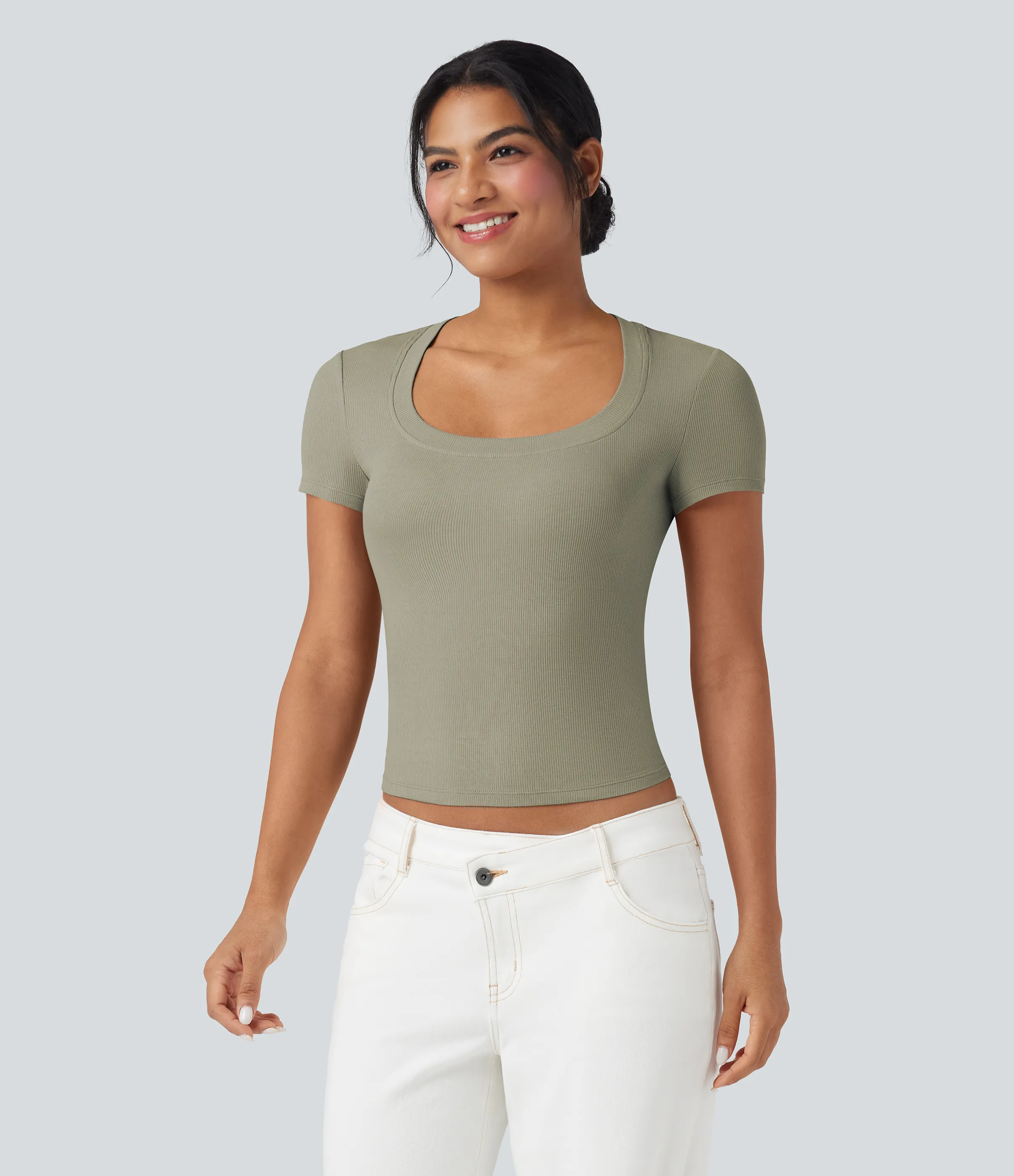 Halara Camiseta casual de manga corta de punto acanalado - Abbey Stone - XS sold by Halara product image thumbnail 5