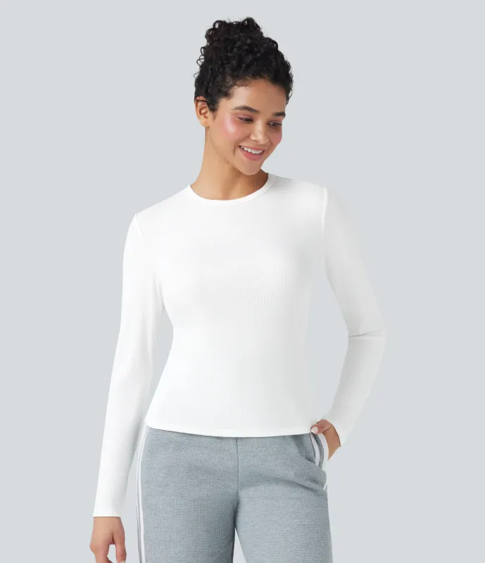 Halara Top casual de manga larga con cuello redondo y punto acanalado - White - XS made by Halara