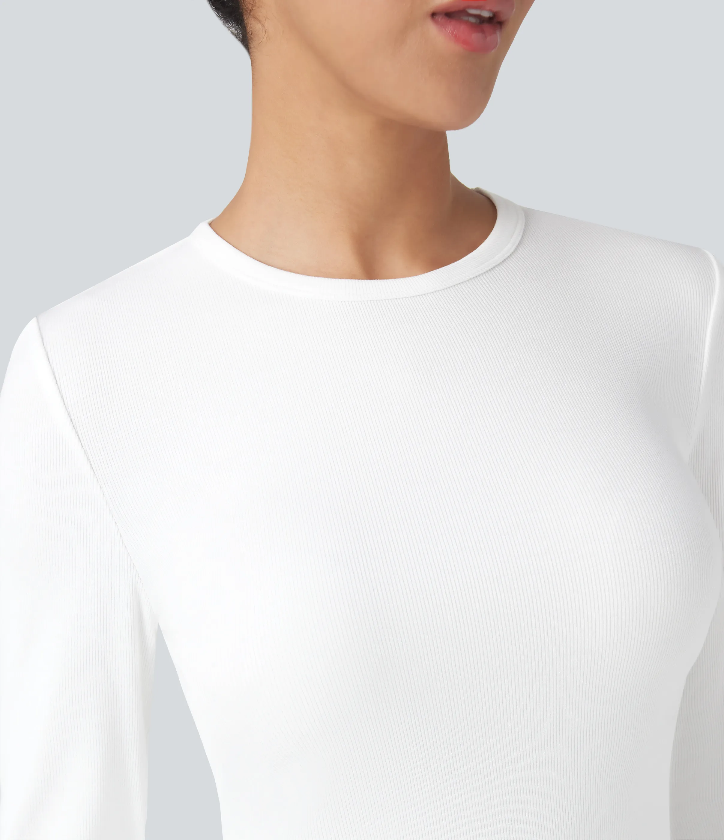 Halara Top casual de manga larga con cuello redondo y punto acanalado - White - XS sold by Halara product image thumbnail 5